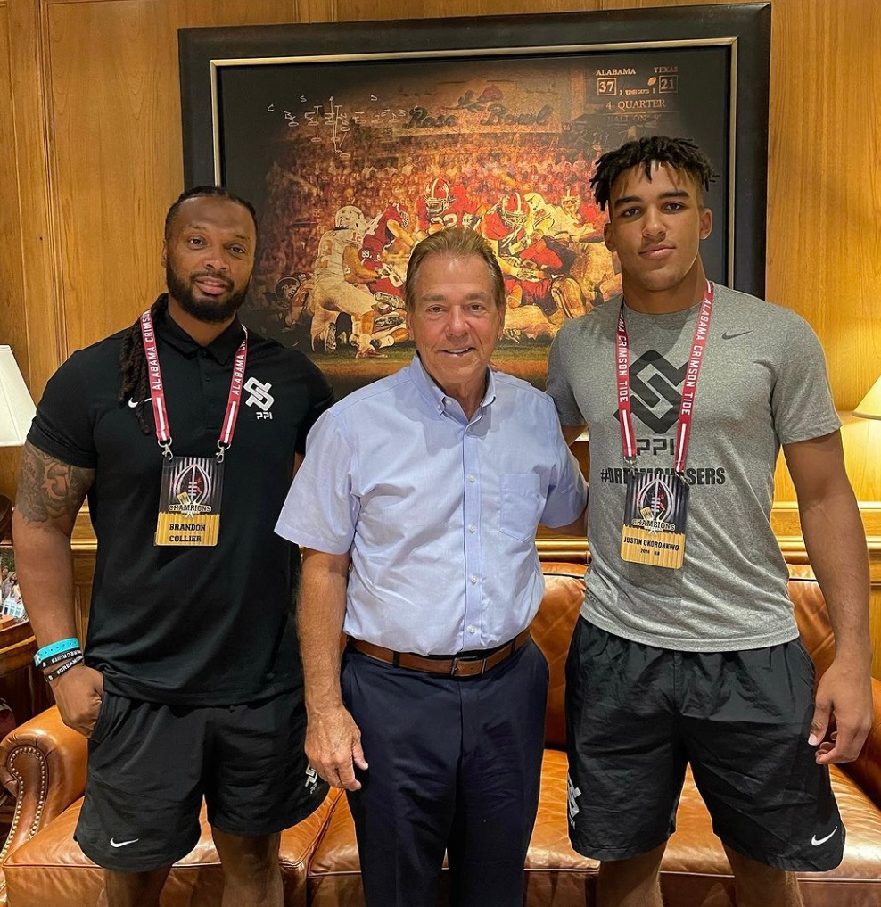 Collier and Coach Nick Saban with German LB Justin Okoronkwo, who signed with Alabama.